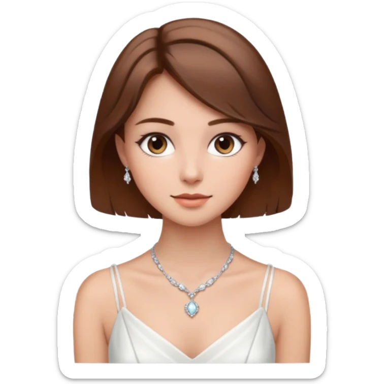 a middle brown hair girl with elegant white dress, wearing necklace, wearing makeup sticker