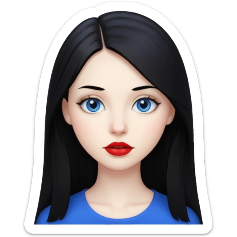 20 yr old woman long straight black hair, pale skin, blue eyes, red lipstick sticker