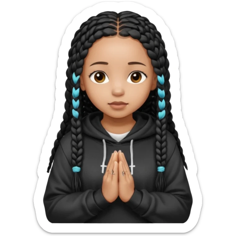 African American girl light skin with long black box braids and plain black hoodie with prayer hands sticker