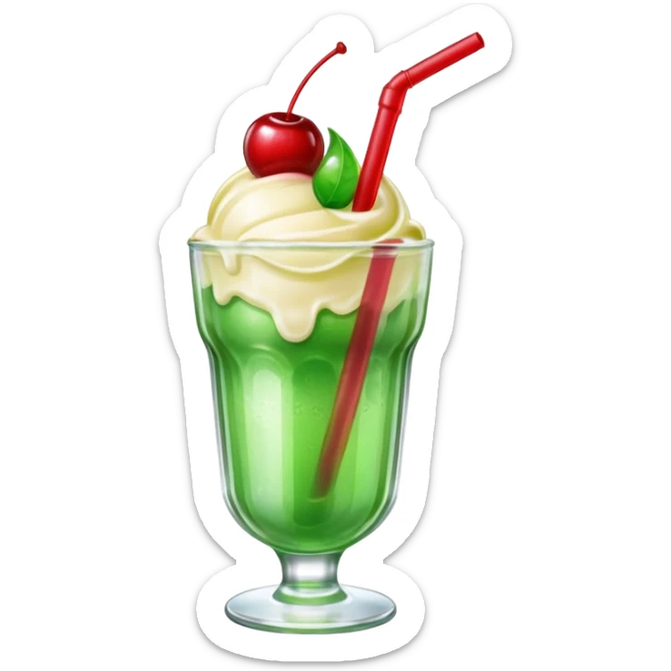 Create an emoji with a clear rounded glass, bright transparent green soda with fine bubbles, a smooth vanilla scoop, a glossy red cherry, and a red straw, using vibrant colors, soft shading, and clear glass highlights.
 sticker