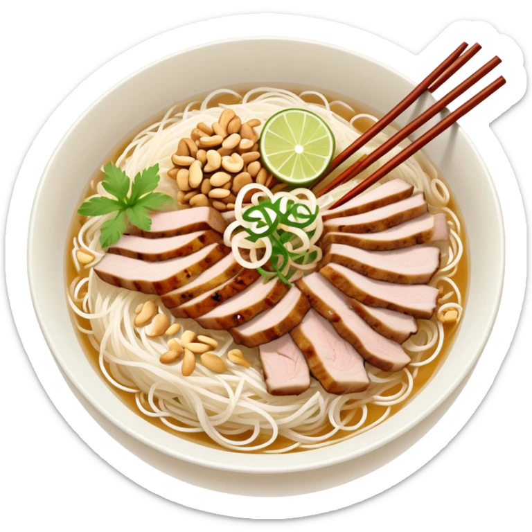 A bowl of Vietnamese Bún Thịt Nướng - rice vermicelli noodles with grilled pork, herbs, bean sprouts, and fish sauce sticker