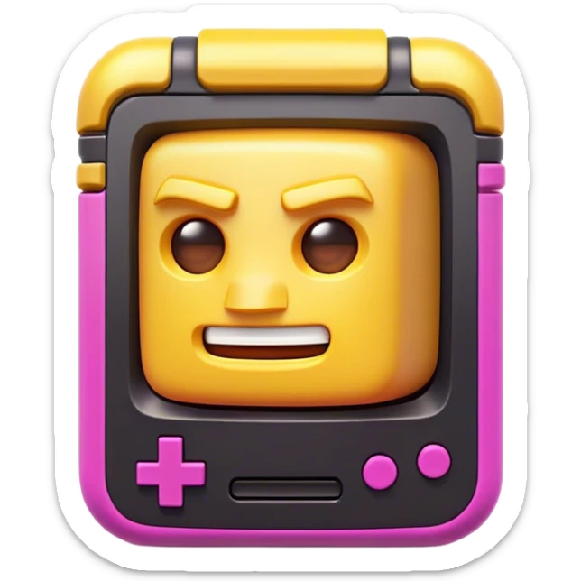 Clash of Clans aesthetic: Cinematic Playful Game Boy Portrait Emoji, rendered in a 3D vector-style similar to standard emojis with minimal shading and bold, simplified shapes. A compact, distinct form with signature details, softly glowing with a nostalgic gaming charm. Simplified yet unmistakably iconic, highly detailed and consistent, glowing with a soft radiance and high shine. Stylized with a touch of retro gaming magic and a soft glowing outline, capturing the essence of a beloved gaming relic with a friendly, playful manner! sticker
