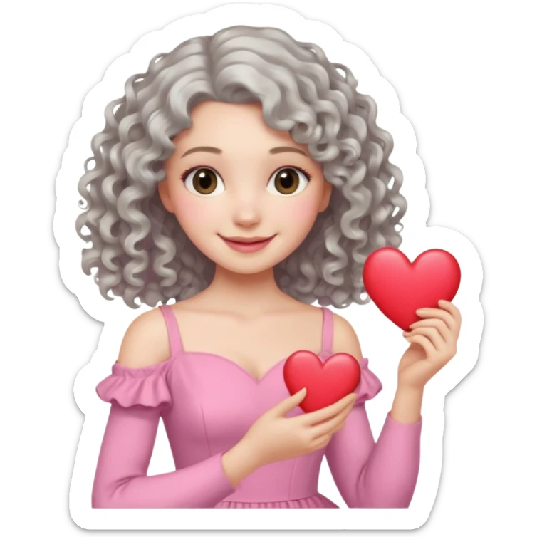 silvery curly/wavy shoulder-length hair smiling lady holding a heart but finer hair sticker