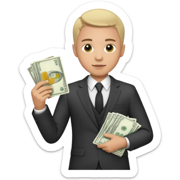 A man with a lot of money and short hair, wearing a suit sticker