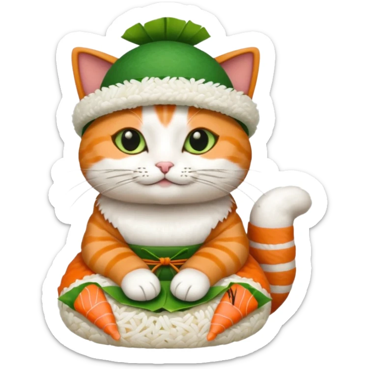 cat with its paws crossed wearing a hat made out of sushi sticker