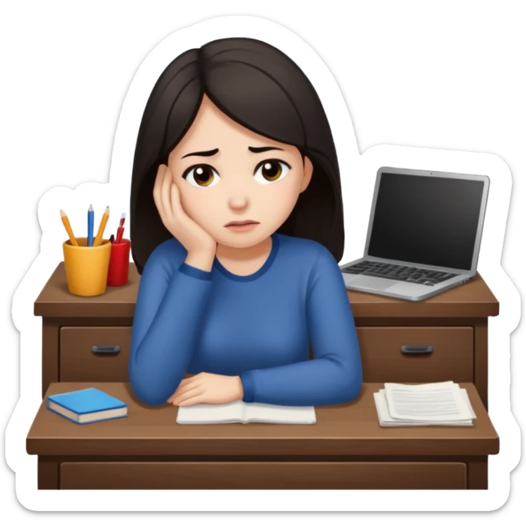  iOS emoji style - An sad and overwhelmed woman sitting at a desk. She has dark hair. sticker