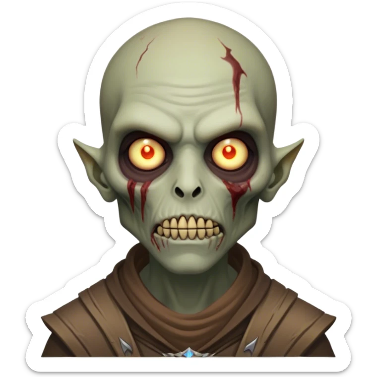 Cinematic Realistic WoW undead civilian Portrait, head tilted epicly and inquisitively, showcasing grim resilience and defiant strength. His withered, pallid skin and intense, glowing eyes contrast starkly with his worn, earth-toned clothes, rendered in meticulous detail. With dynamic, high-contrast lighting and high shine, this portrait exudes an epic aura, capturing the relentless will of a battle-hardened undead civilian. sticker