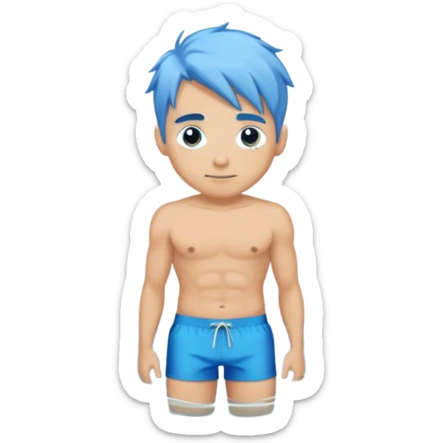 hot blond handsome  Man in blue swimming shorts with blue hair sticker