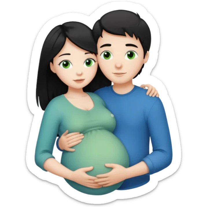 Make a couple hugging the girl is white with long black hair with blue eyes. The girl is hugging a boy with light brown short hair with green eyes. The boz is pregnant  sticker