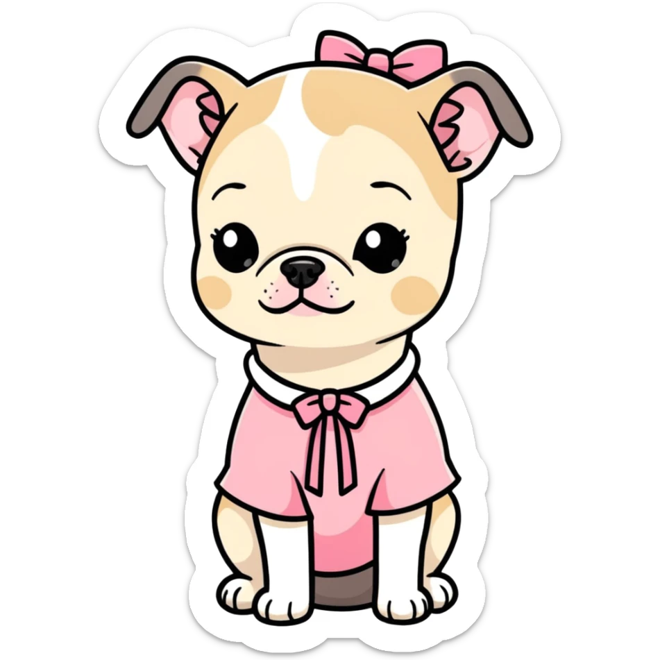 Menina com cabelo loiro escuro com blusinha fofa rosa segurando um buldogue francês bege e preto com um laço nele  sticker