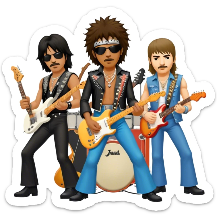 Icon for Rock Music: collage of iconic rock musicians—Klaus Meine, Jimi Hendrix, Kurt Cobain, Freddie Mercury, and Ozzy Osbourne—playing electric guitars and singing on stage. Capturing the powerful energy and rebellious spirit of rock. Transparent background. sticker