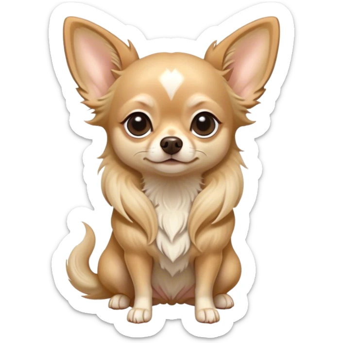 Cinematic Noble Long Haired Fawn Chihuahua Portrait Emoji, Poised and regal, with a delicate, refined build and a flowing, well-groomed long fawn coat, deep-set soulful dark eyes, Simplified yet sharp and sophisticated features, highly detailed, glowing with a soft, dignified glow, high shine, intelligent and loyal, stylized with an air of elegance, focused and attentive, soft glowing outline, capturing the essence of a watchful and confident guardian, so majestic it feels as though it could step out of the screen with effortless authority! sticker