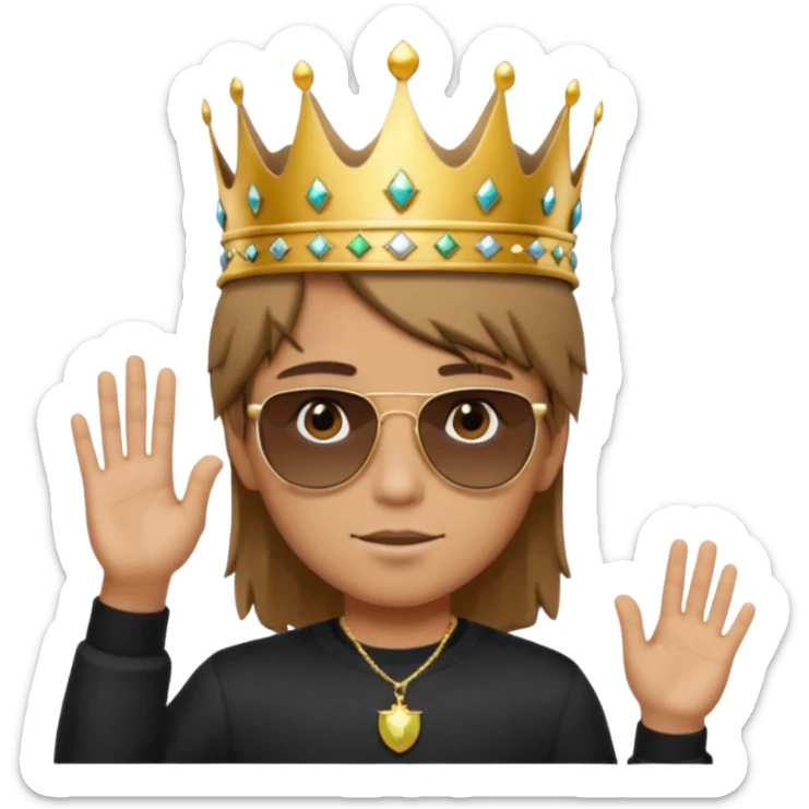 Un niño con cabello lacio no muy largo color marrón castaño,ojos marrones,piel no muy blanca, que tenga lentes de sol color negro,reloj en la mano derecha y una corona como sombrero sticker