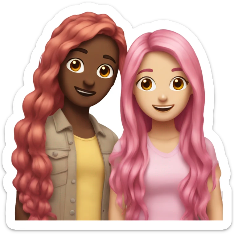 two besties, one long pink hair, the other long brown hair  sticker