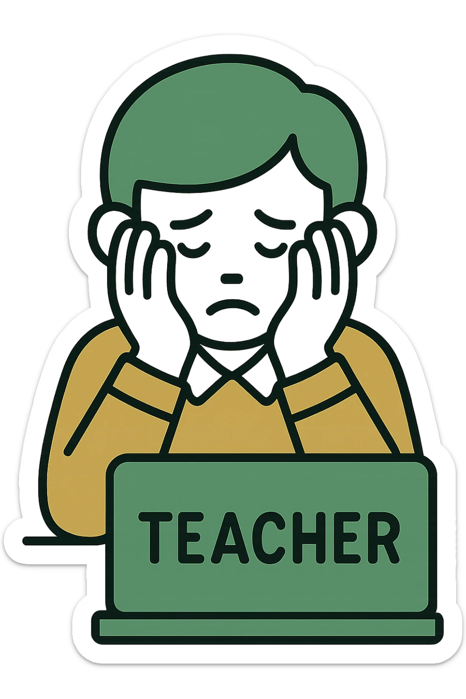 teacher with head in hands, burnt out, minimalistic, green gold and white color scheme, clean lines sticker