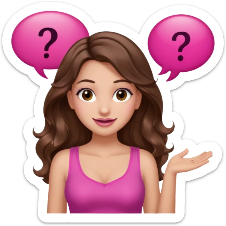 girl with long wavy brown hair, brown eyes, long lashes makeup, sexy pink lips, light to medium complexion, wearing a pink sexy top, shugging, smiling, question mark one speech bubble sticker