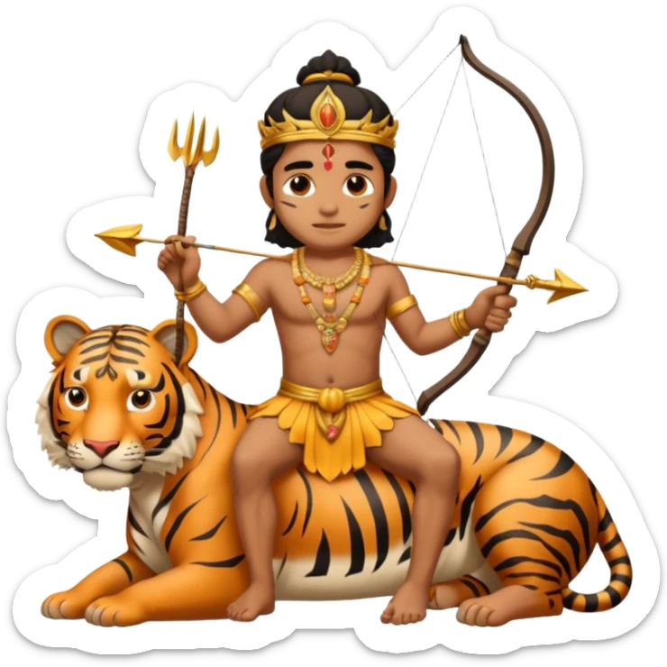Ayyappa sitting on tiger with bow and arrow and wearing a gold and king dress sticker