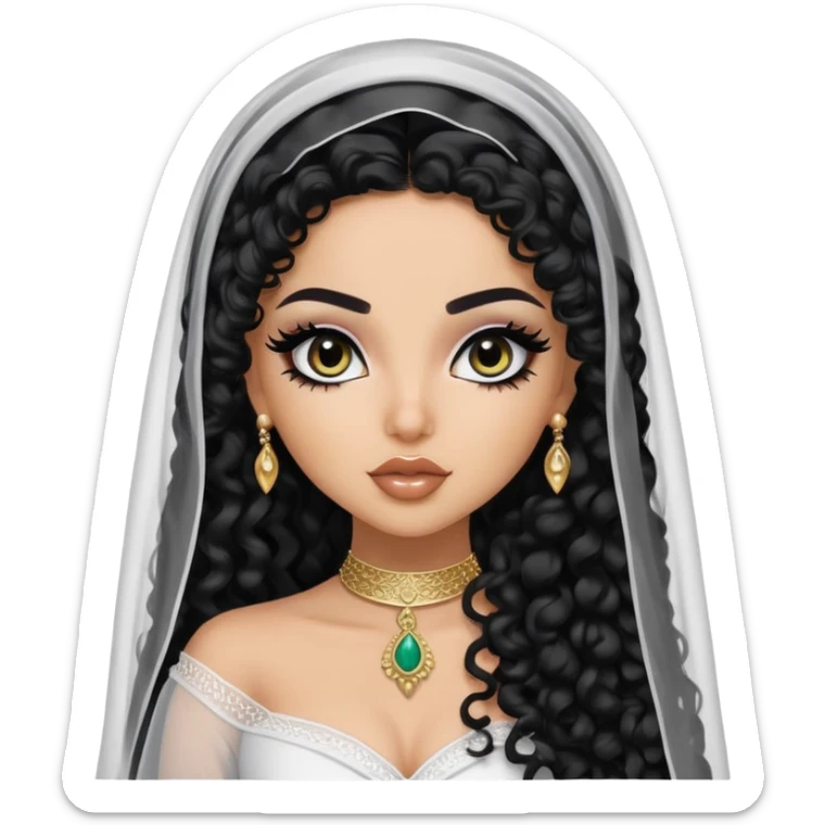 Saudi beauty, pretty bratz baddie, black eyeliner, long black curly hair, veil, khaliji fashion, light skin sticker