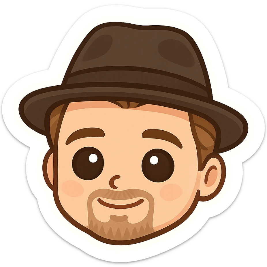 adorable chibi cartoon face of Leonardo DiCaprio wearing a fedora, simple emoji style, big eyes, cute and simplified sticker