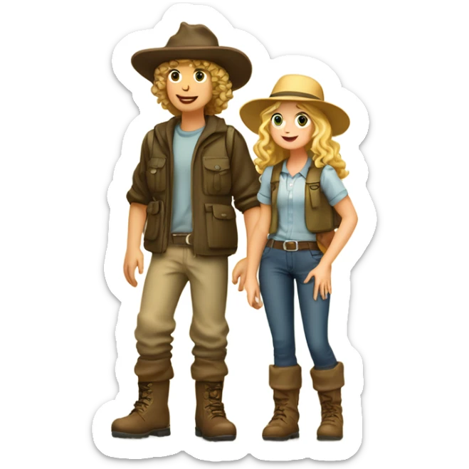 A short blonde long-haired girl in a hat and a curly-haired boy in a hat and boots hike in the Canary Islands, boots are Caucasian  sticker