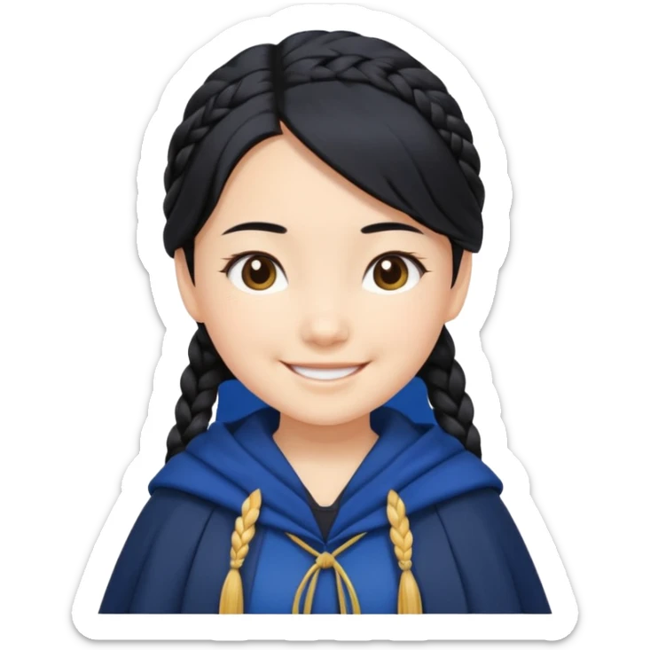 braid black hair, white asian girl, dark blue cloak, happy smaile sticker