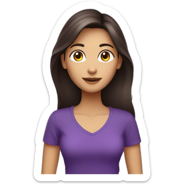 young women,dark long brown hair,saying hello, using purple tshirt whith letters "4tech sticker