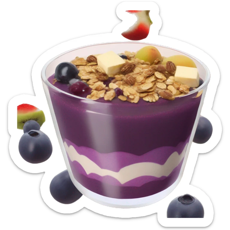 Açaí in a clear cup with layers of fruits and granola and condensed milk sticker