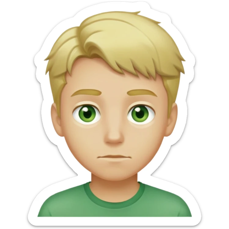 boy with greasy blonde hair and greene eyes and a yellow shirt sticker