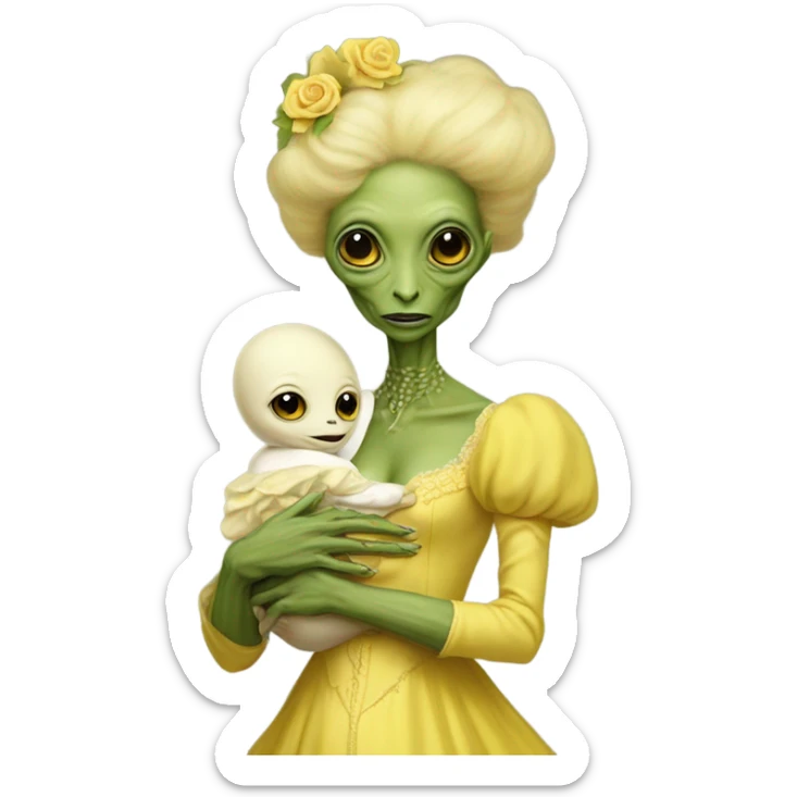  Reptilian alien woman , full body, in victorian jellow elegant dress , holds a newborn white humman baby sticker