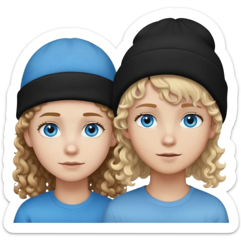 Pale, blue eyed boy, with curly long brown hair and a black beanie on and a short haired blonde girl with blue ands sticker