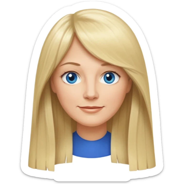 45 yr old white woman, curtain bangs, very long straight blond hair, oval face, small smile, blue eyes, thin face, hair down to elbows sticker