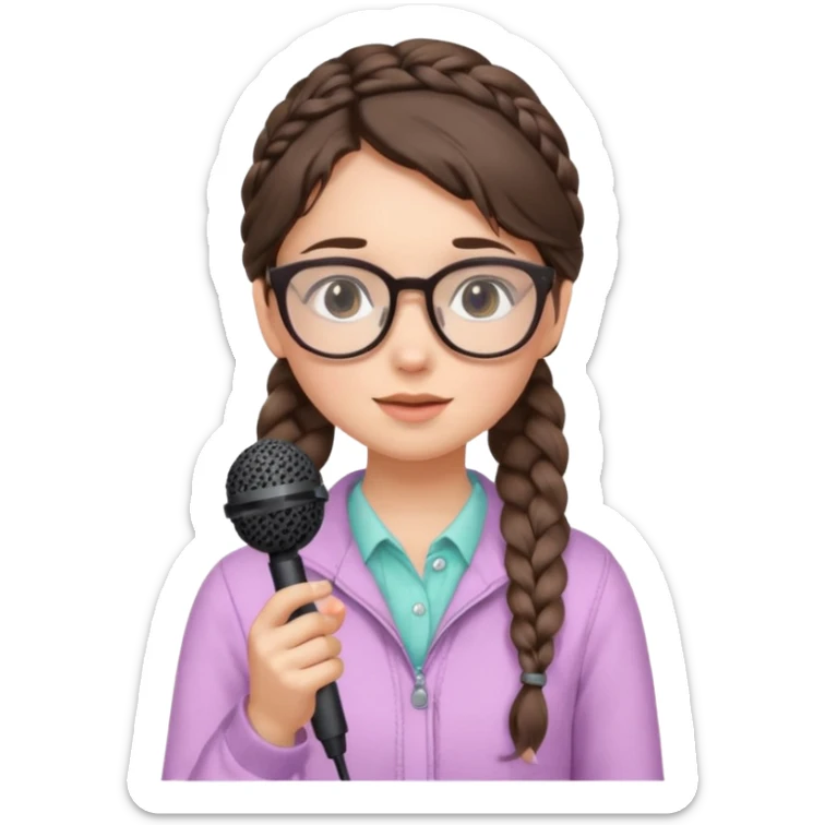 A shy braid brunette singer girl in pastel clothes with glasses, holding the mic with both hands. sticker