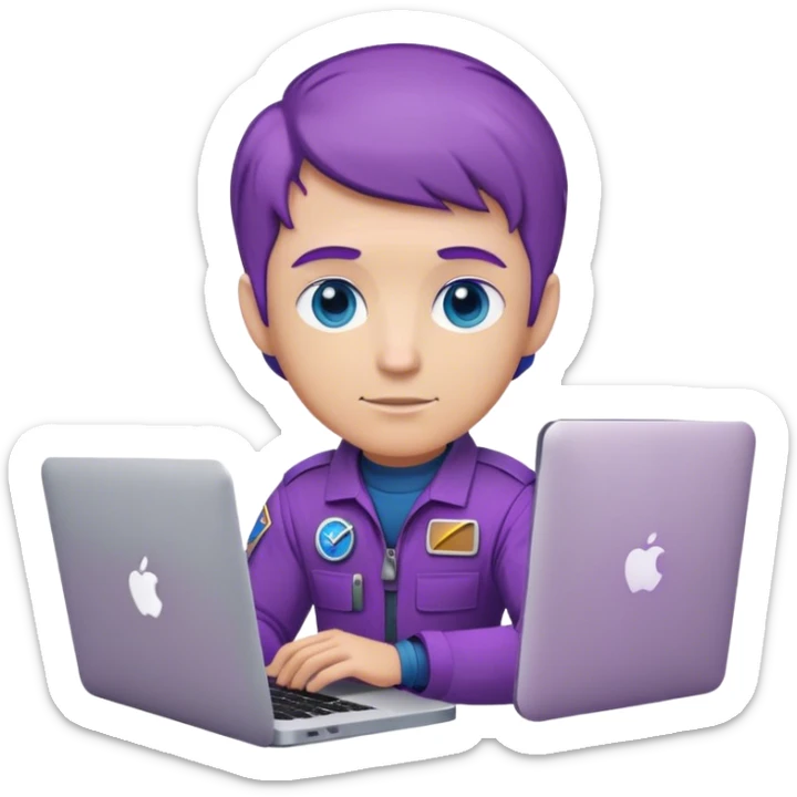 white guy astronaut with purple suit, blue eyes, short purple hair and one macbook sticker