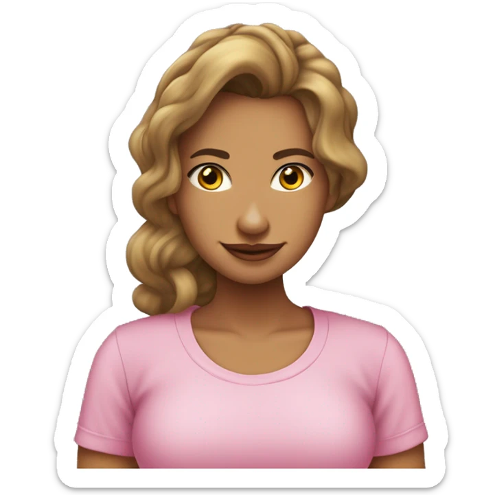 mujer delgada, pelo castaño claro hasta los hombros, pelo liso, cara alargada, piel trigueña. Camiseta rosa clara de cuello redondo sticker