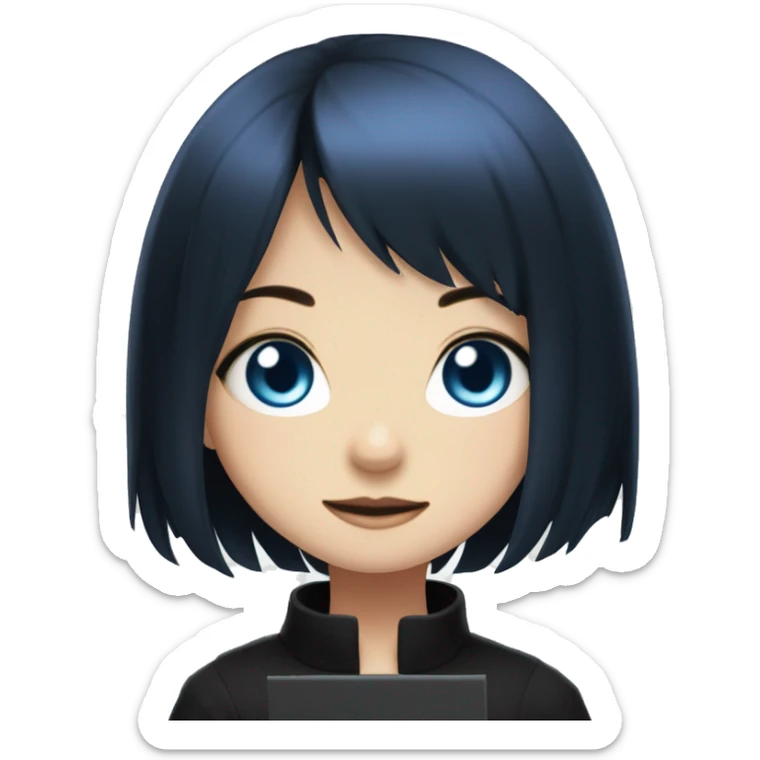 A girl with black bob-cut hair and blue eyes. She is holding a manga titled 'Jujutsu Kaisen'. sticker