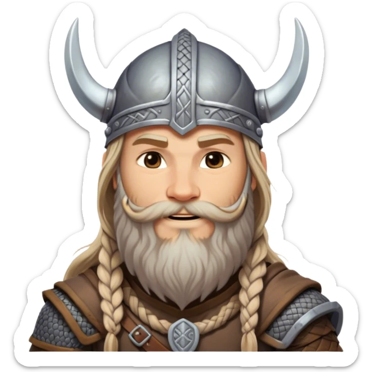 Clash of Clans aesthetic: Beautiful and Majestic Viking Portrait Emoji, Rendered in serene confidence with a gentle, enigmatic smile and a refined, weathered Viking helmet, showcasing a noble, sturdy build with long braided hair and a dignified beard, his face in natural skin tone, Simplified yet exquisitely endearing features, highly detailed, glowing with a soft, majestic Nordic light, high shine, calm and heroic, stylized with an air of timeless Norse elegance, soft glowing outline, capturing the essence of a majestic Viking whose noble spirit inspires epic quests! sticker
