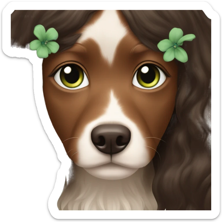 pale skin girl with green eyes with long dark brown hair that has a flower in her hair  holding a black and brown cavalier dog the dog also has a flower in its hair sticker