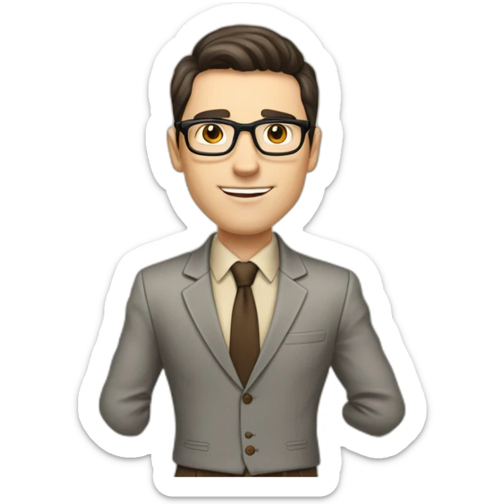 Pale skinned fit man with dark brown hair in gray jacket, beige office shirt, brown tie, brown pants and vintage glasses Writing on a marker board sticker