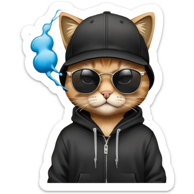 cat wearing a black snapback cap, black hoodie, and black sunglasses low on his nose that he is peering over, doing graffiti art with spray paint, street art style sticker