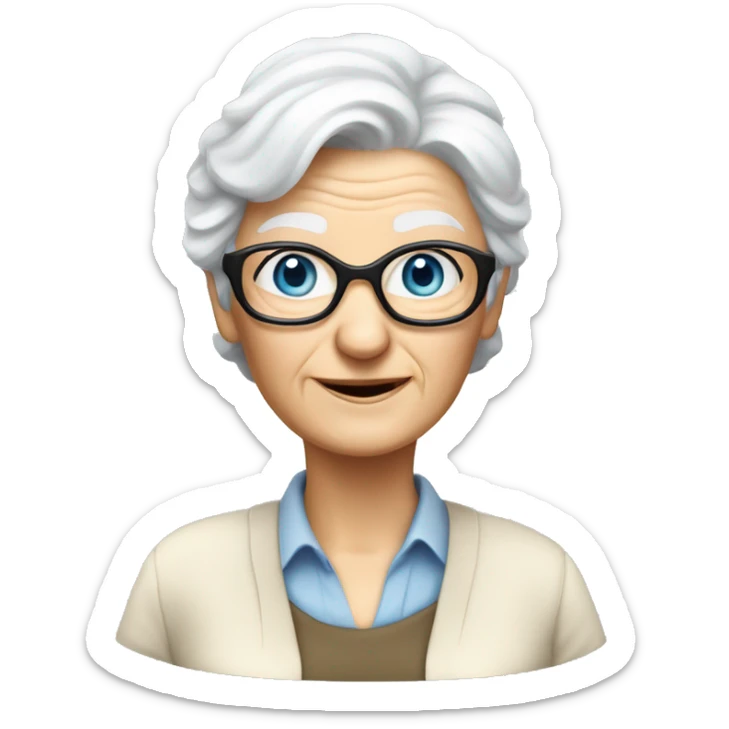 old white lady from ireland with blue-eyes, black-glasses white hair, and like biologist (like khaki short sleeve button down shirt and a khaki pants)  sticker