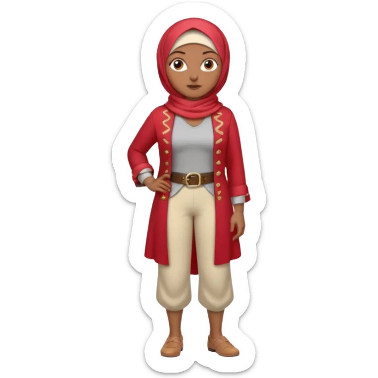 Heavy-set woman with medium-brown skin wearing a light red hijab, cream top, light red pants, tan shoes, and a visible gray pirate peg leg. Standing confidently with one hand on her hip sticker