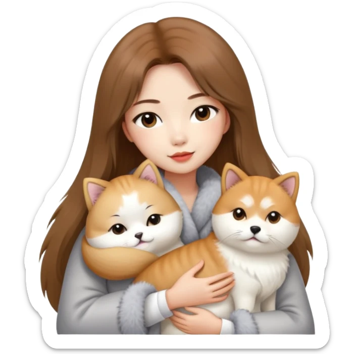 A Chinese fashion pretty girl with brown hair, wearing a light gray fur coat, hugging a Shiba Inu and a long-haired white Persian cat. sticker