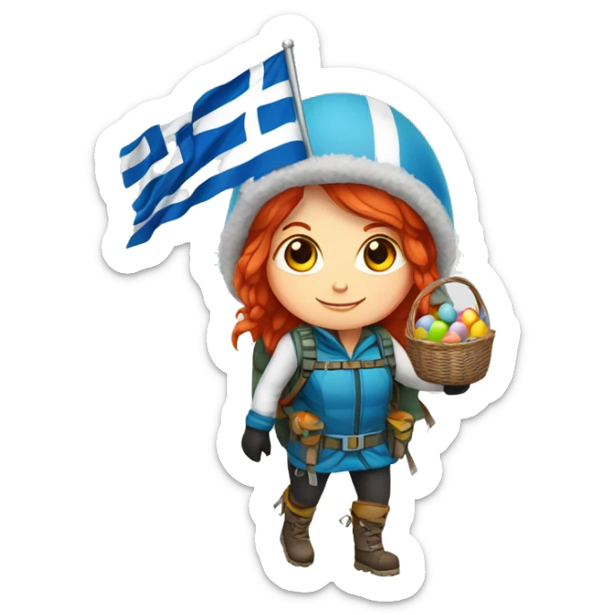Female winter mountaineer red hair white skin climbing with Greek Flag and Easter eggs basket sticker