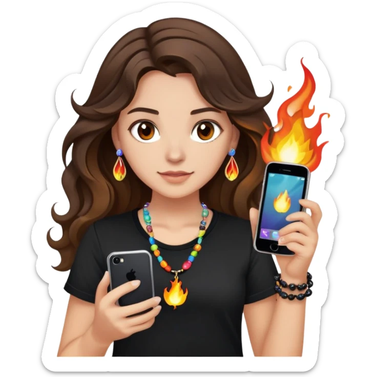 brunette girl with wavy medium length hair, brown eyes, light/medium skin tone, holding iPhone and light phone, wearing black tee shirt with flames on it and colorful beaded charm necklace sticker