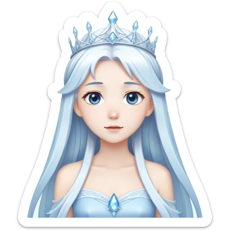Beautiful anime ice queen with white long pretty hair with light-blue streaks, wearing an icy thin long dress and a silver tiara sticker