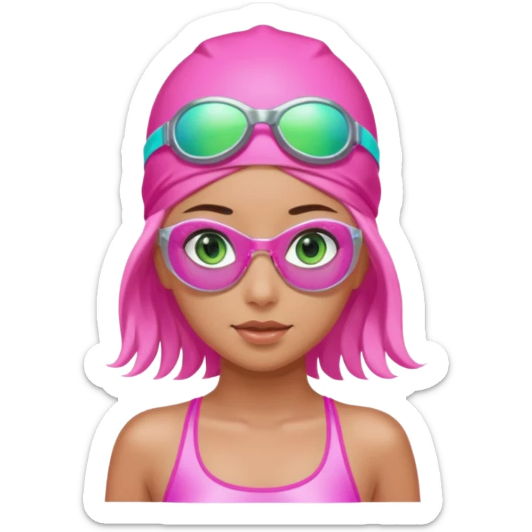 pretty girl with green eyes pink swim cap holographic swimming glasses and cute profesional swimmer pink swimsuit without her hair visible sticker