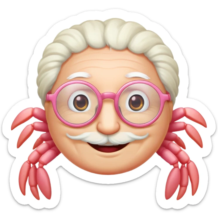 a little shrimp that is old with white hair and glasses, elderly shrimp character with white eyebrows and hair, wearing round glasses sticker