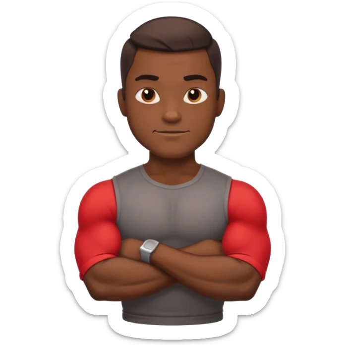 A confident, muscular cartoon male character with dark skin, crossed arms, smirking expression, bold, minimalistic lines, warm shadowing, stylized as an emoji icon. sticker