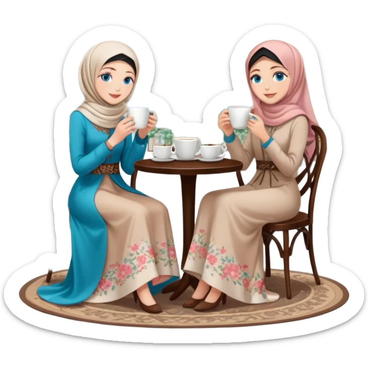 Turkish beautiful finish Konya girls blue eyes with Beautiful blossom floral hijab long tail dress and the two friends in a white lovely coffeehouse sits on the chair on the ground and holds cup coffe with her hand  sticker