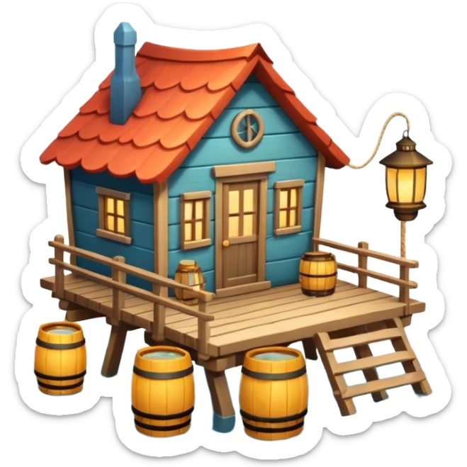 
fisherman house on a wooden pier, small dock, fishing nets hanging, barrels, lantern, ocean vibe, 3D cartoon, cute mobile game icon, clean background, no text
 sticker